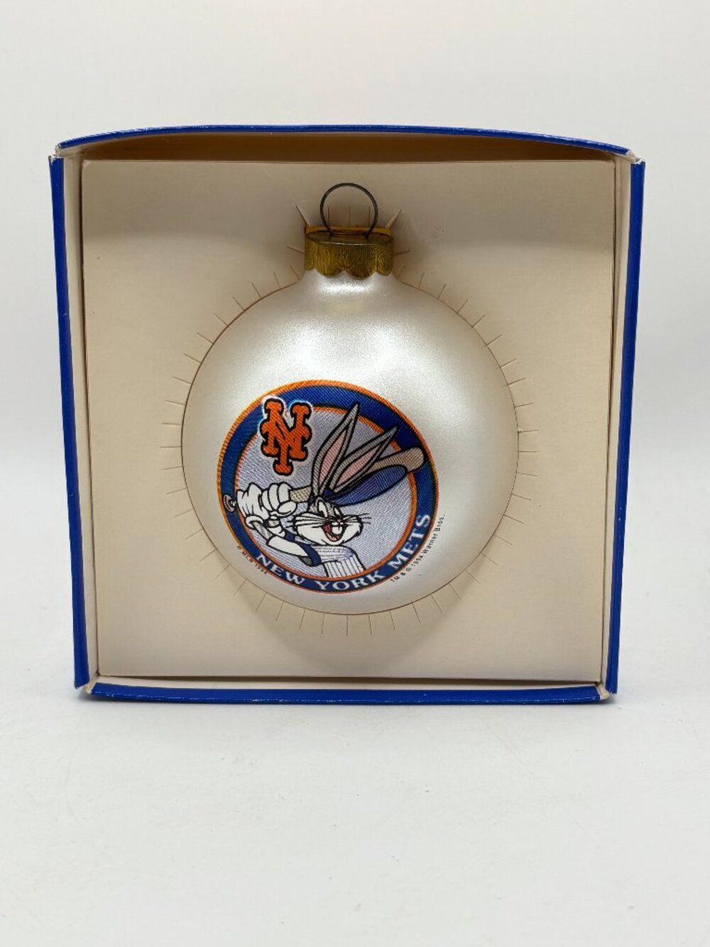 VTG 1994 Looney Tunes Bugs Bunny NY Mets Glass Baseball Ornament Sports NIB NOS